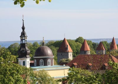 historische Stadttürme von Tallinn umrahmt von grünen Baumkronen