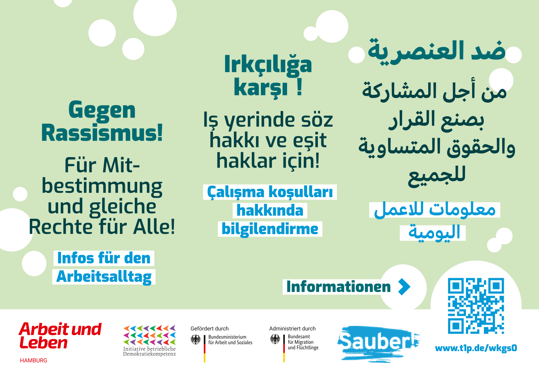 Grafik mit Text Gegen Rassismus. Für Mitbestimmung und gleiche Rechte für Alle Mehrsprachiger Sticker Türkisch Arabisch