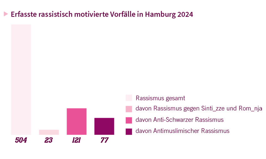 Grafik Rassismus Monitoring 2024 empower Balkendiagramm, das die 504 Vorfälle rassistischer Gewalt in Hamburg 2024 nach Rassismusform aufgeschlüsselt zeigt.