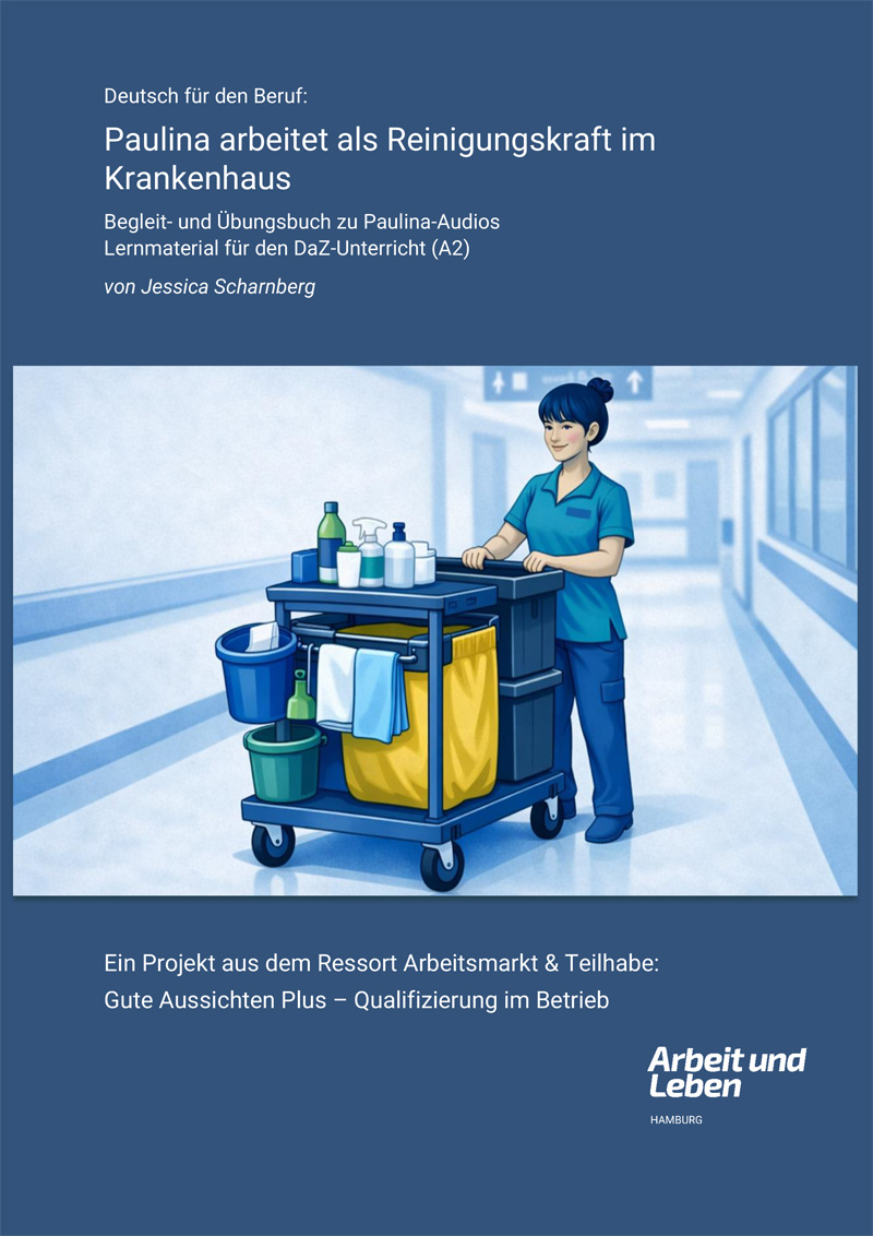 Titelbild mit Illustration: Frau mit Reinigungswagen im Krankenhaus